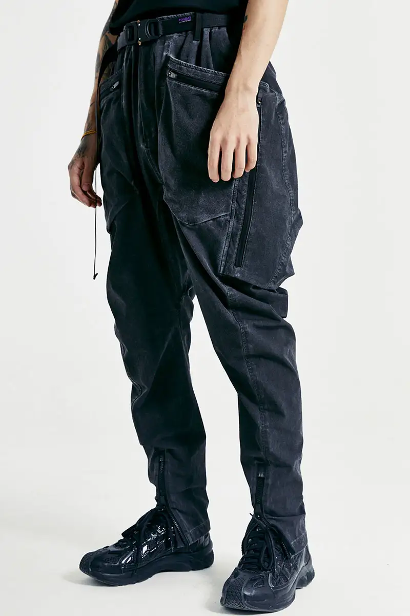 Multi-Pocket Zippers Dip Dyed and Distressed Leg-Cut Pants