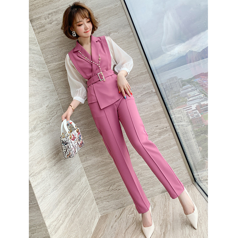 Stitching See-through Yarn Sleeves Waistband Suit Collar Top  Straight Trousers Suit