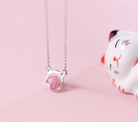 S925 Silver Pink Kitten Strawberry Crystal Necklace
