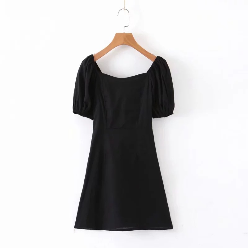 Retro Palace Style Square Neck Puff Sleeve Waist Cotton and Linen Dress