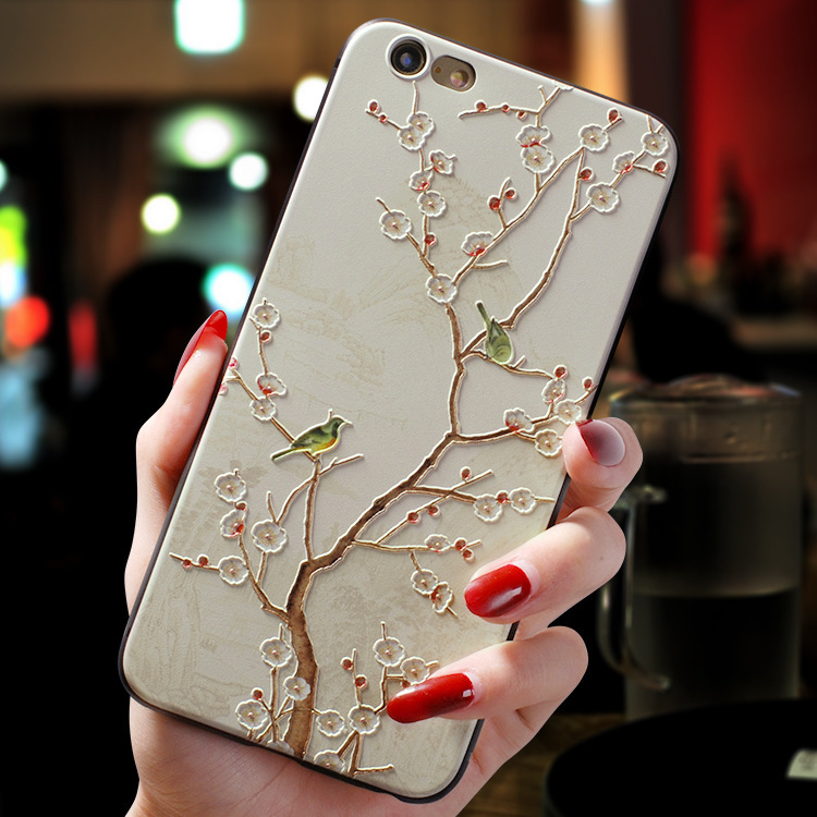 Compatible with Apple, Suitable For Iphone Flower And Bird National Wind Embossed Mobile Phone Case