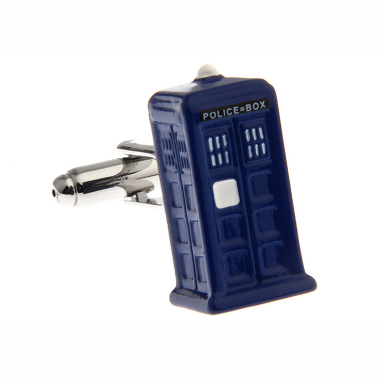 Blue police box with brass buttons
