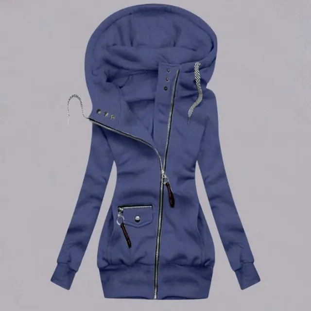 Autumn and winter stitching drawstring hooded slim coat Blue - Shop at LoveMi