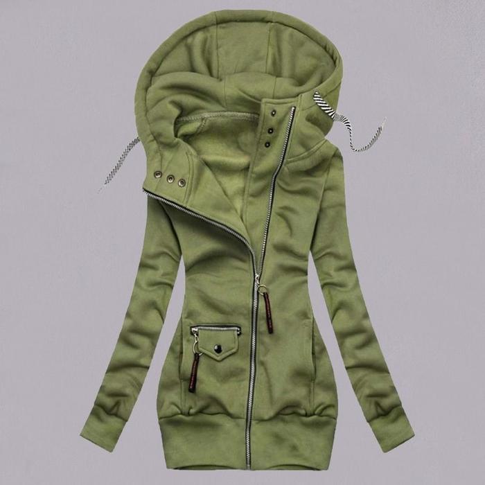 Autumn and winter stitching drawstring hooded slim coat Green - Shop at LoveMi