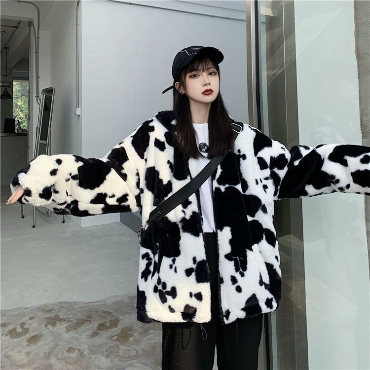 Casual Trendy Plush Cow Color Stand-up Collar Cotton Jacket