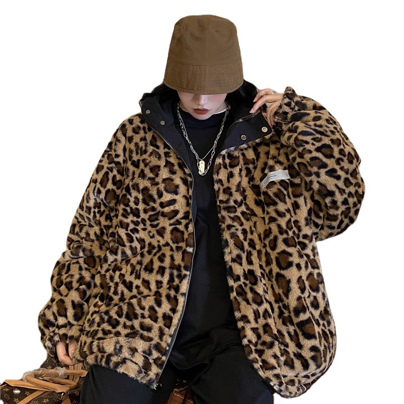 Loose leopard Print Lamb Velvet Warmth And Thick Double-Sided Jacket