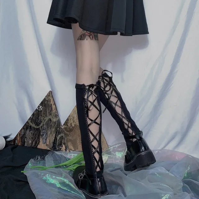 Both Sides Wear High cut Dark Loli Strappy Tube Socks Black - Shop at LoveMi