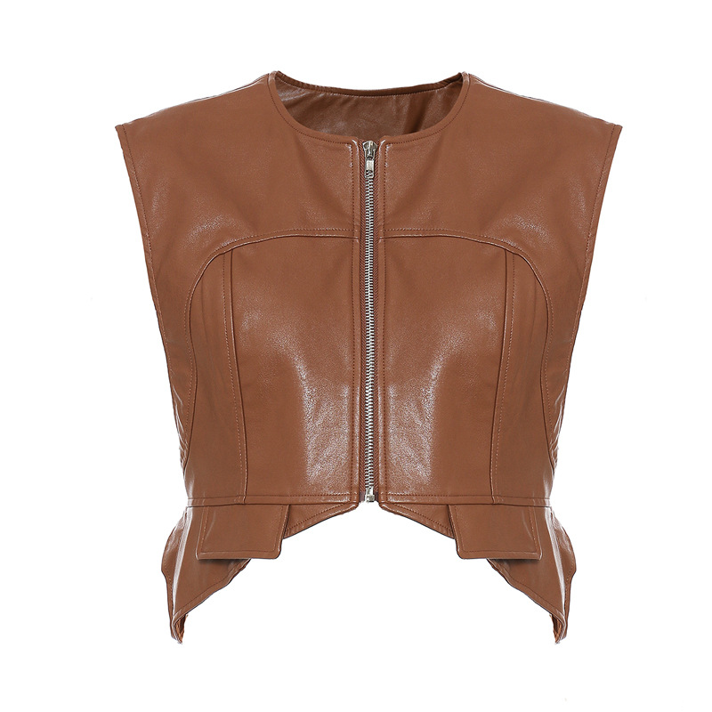 Irregular Zipper Cardigan Leather Vest