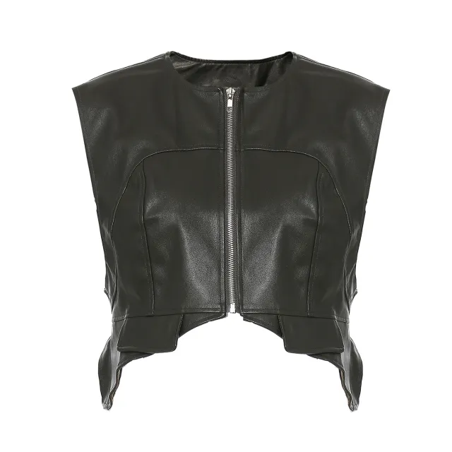 Irregular Zipper Cardigan Leather Vest Green - Shop at LoveMi