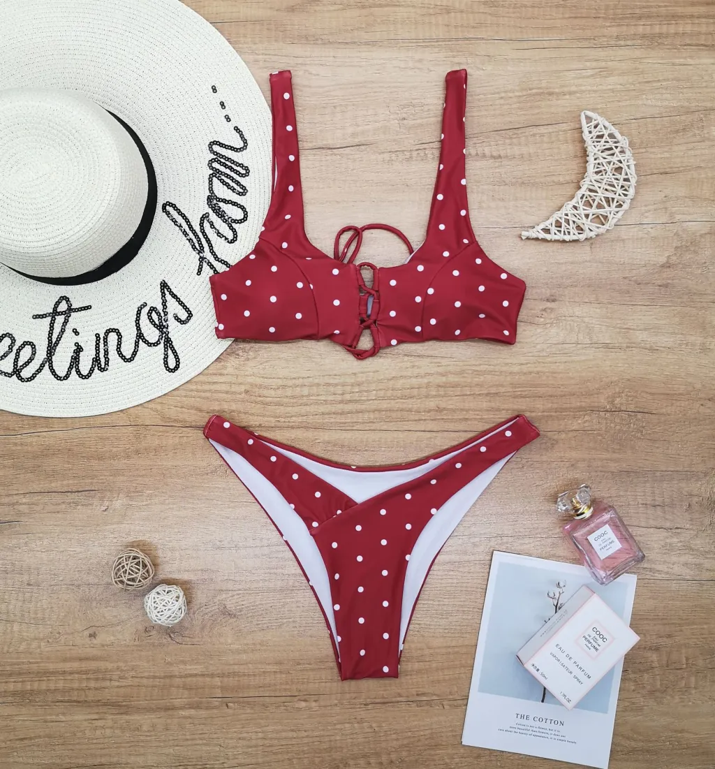 Ladies Split Polka Dot Print Swimsuit Swimwear - Red