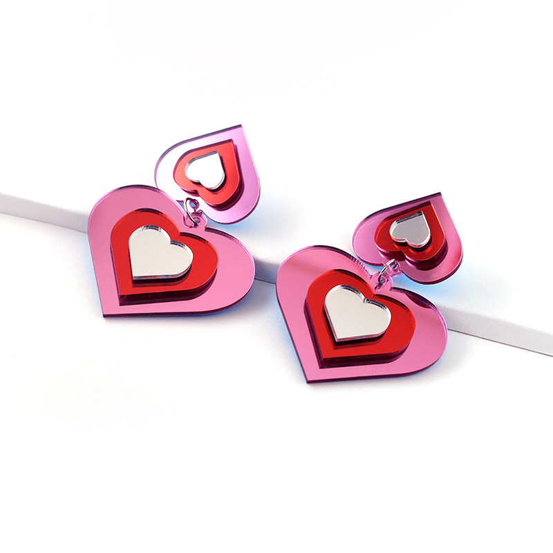 Pink Mirror Peach Heart Love Acrylic Earrings