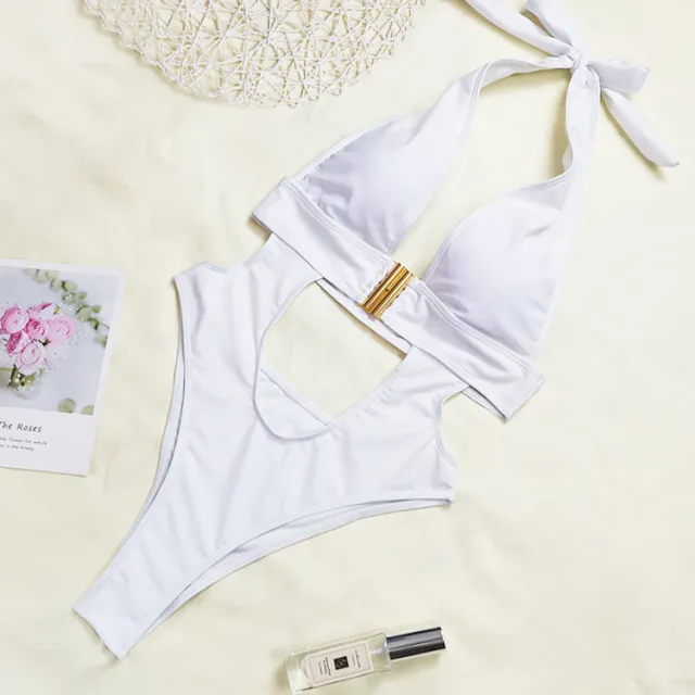 Sexy Deep V Buckle Design All In One Ladies Bikini White - Shop at LoveMi