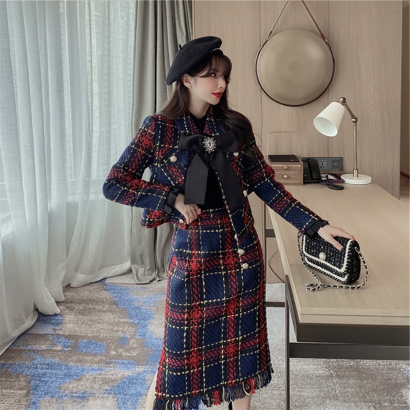 New Fashion Tweed Short Top  High Waist Slim Skirt