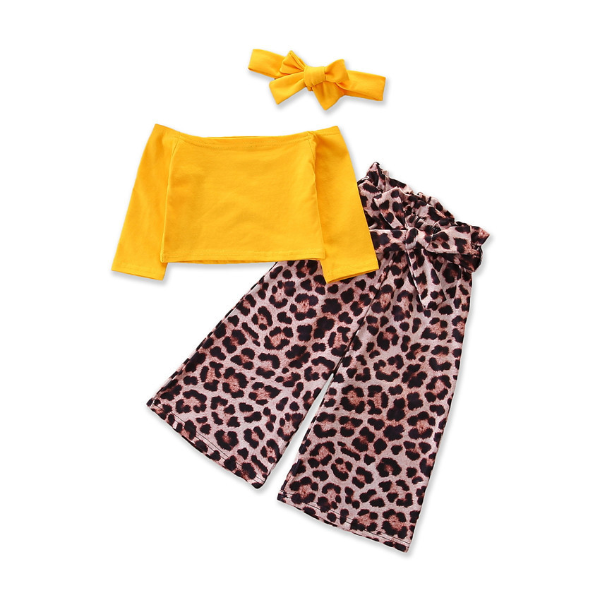 One-shoulder Yellow Long Sleeve  Leopard Print Wide Leg Pants Children's Fashion 2-Piece Set