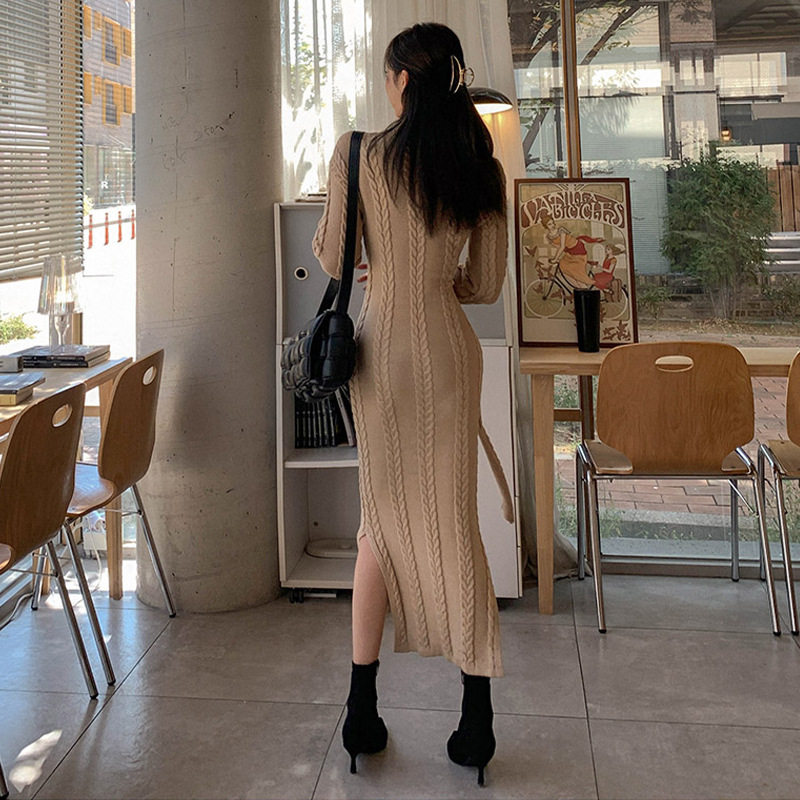 V-neck Slit Twist Waist Long-sleeved Dress