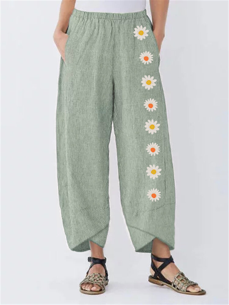 Flower Print Solid Color Cotton And Linen Wide-Leg Trousers