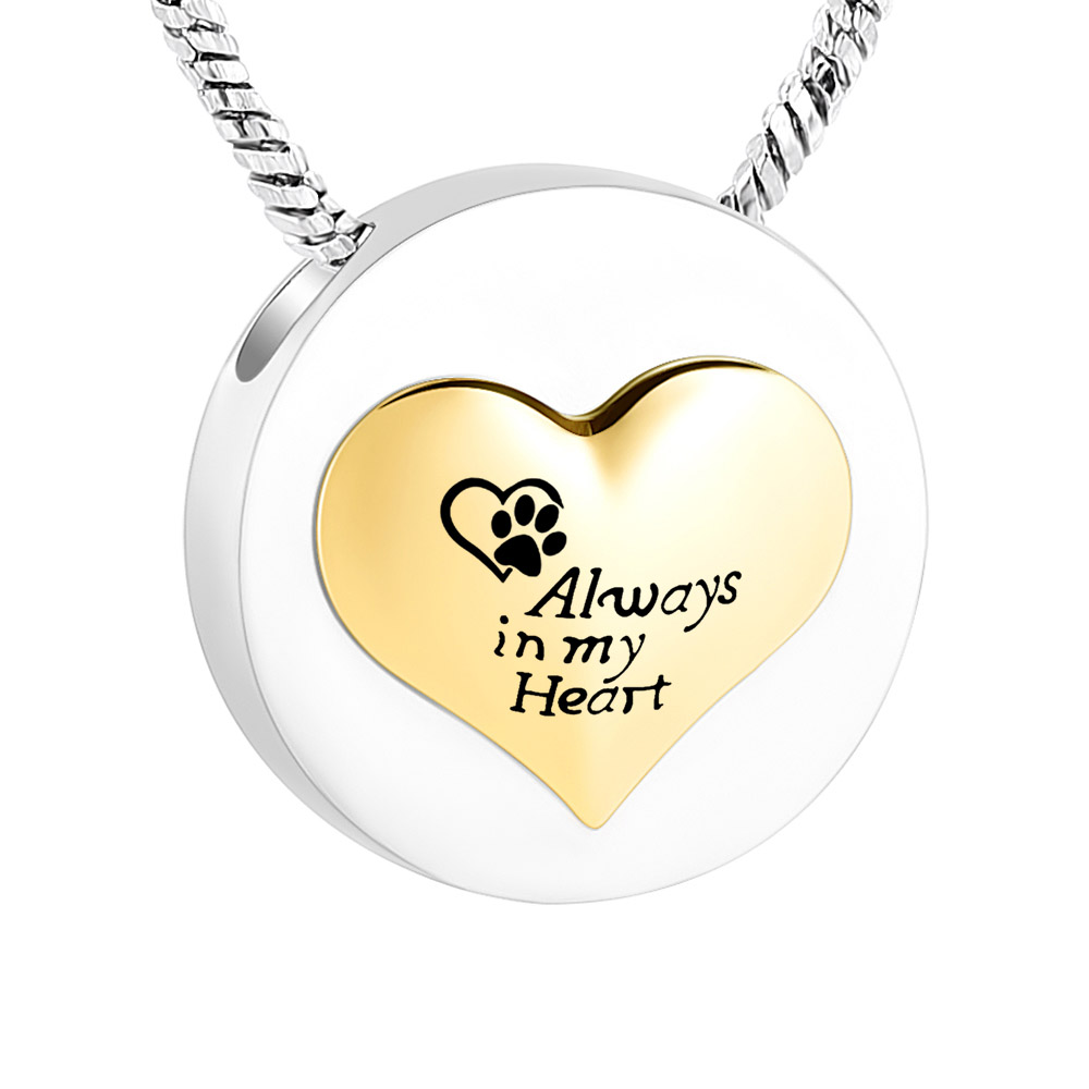 Pet paw print round golden heart shape stainless steel ashes memorial pendant jewelry necklace