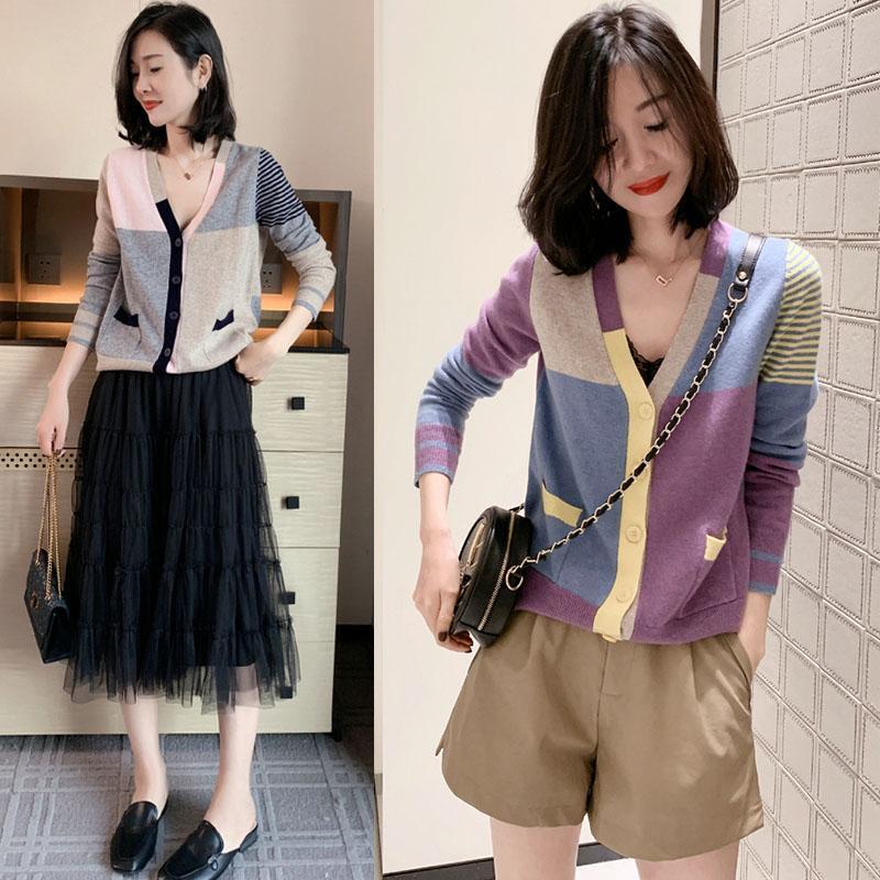 Loose V-neck Color-block Sweater Cardigan Jacket