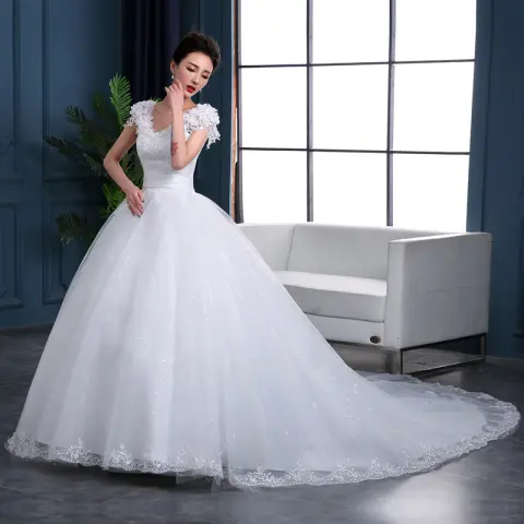 Large Trailing Lace Tie Wedding Dress Slim