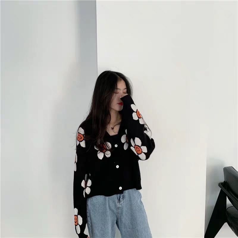 Retro Loose V-neck Small Flower Knitted Sweater Cardigan Jacket