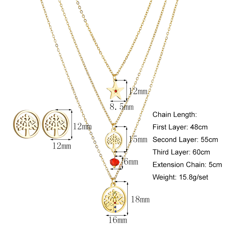 Multi-layered Titanium Steel Tree Of Life Star Necklace And Earrings Set