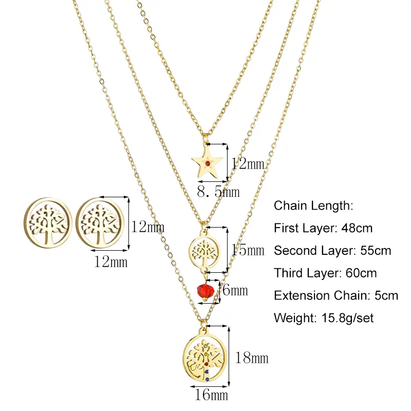 Multi-layered Titanium Steel Tree Of Life Star Necklace And Earrings Set