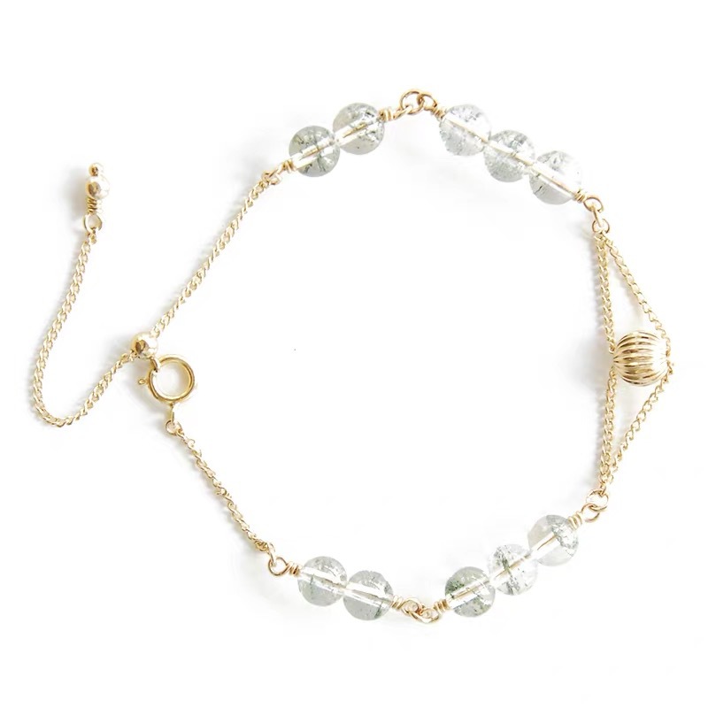 14k Gold Natural Green Ghost Crystal Bracelet