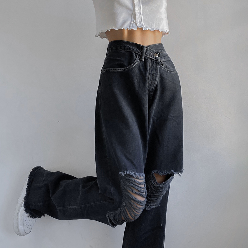 Tear - rimmed High-waisted Straight Leg Jeans To Look Slim