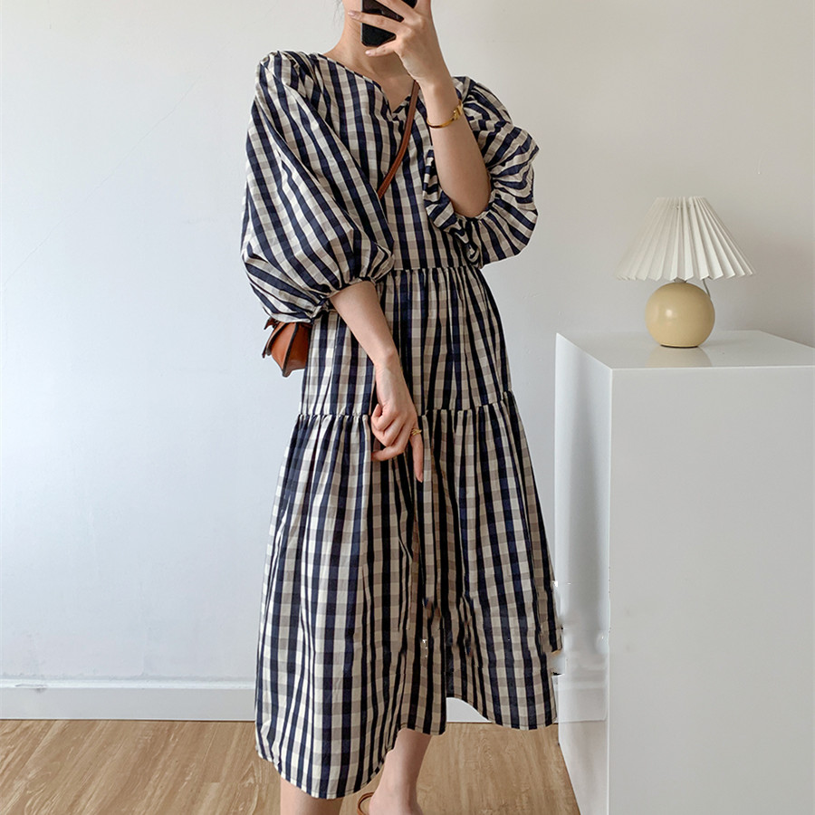 Female Summer Black And White Plaid Loose Retro Dress