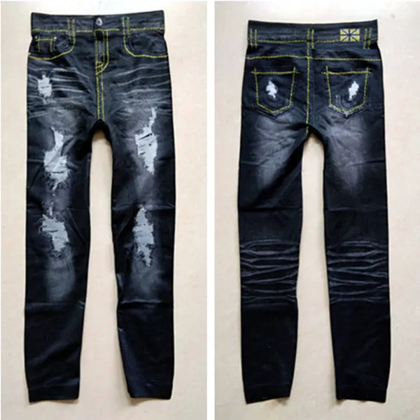 Autumn Thick Thread Big Hole Imitation Denim Leggings Black - Shop at LoveMi