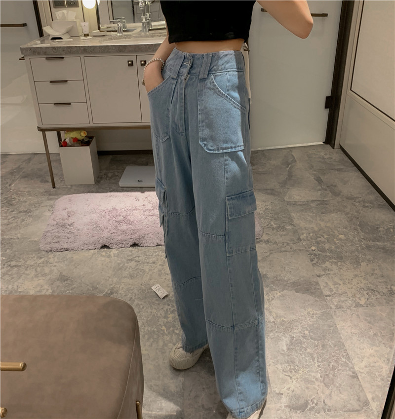 High Waist All-Match Student Tooling Denim Straight-Leg Trousers