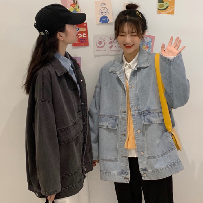 Slim Mid-Length Blue Long-Sleeved Denim Jacket