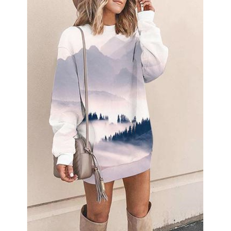 Title 2, Landscape Print Loose Pullover Long-Sleeved Swe...