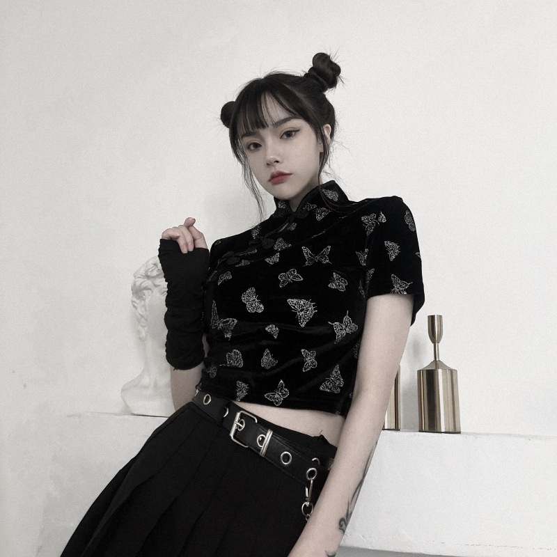 Butterfly Bronzing Velvet Short-sleeved T-shirt  Pleated Skirt Suit