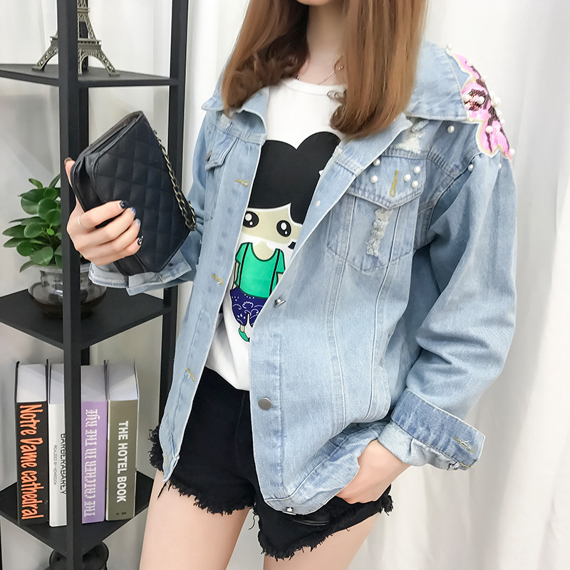 New Style Beaded Sequins Loose Casual Denim Jacket