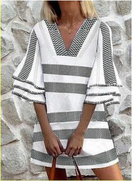 Striped White Mid Waist Slim Fit Mid Skirt With Cotton Half High Neck Pullover Bottoming Shirt