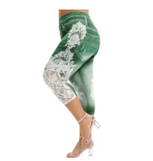 Denim Lace Stitching Print Leggings Woman Green - Shop at LoveMi