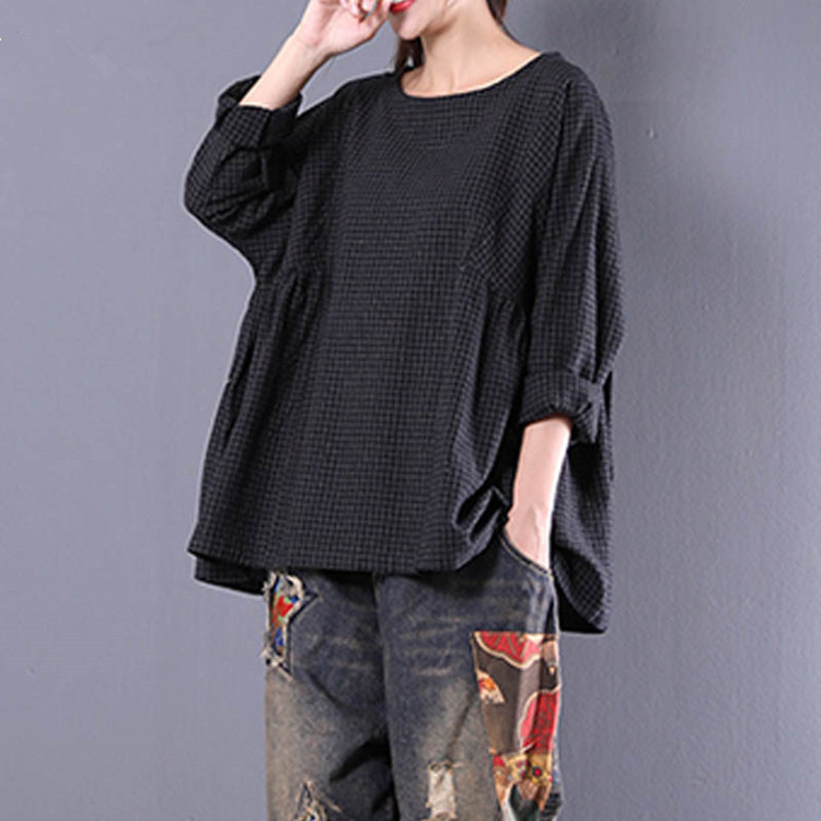Cotton And Linen Long-Sleeved T-Shirt Fine Plaid Pleated Plus Size Top