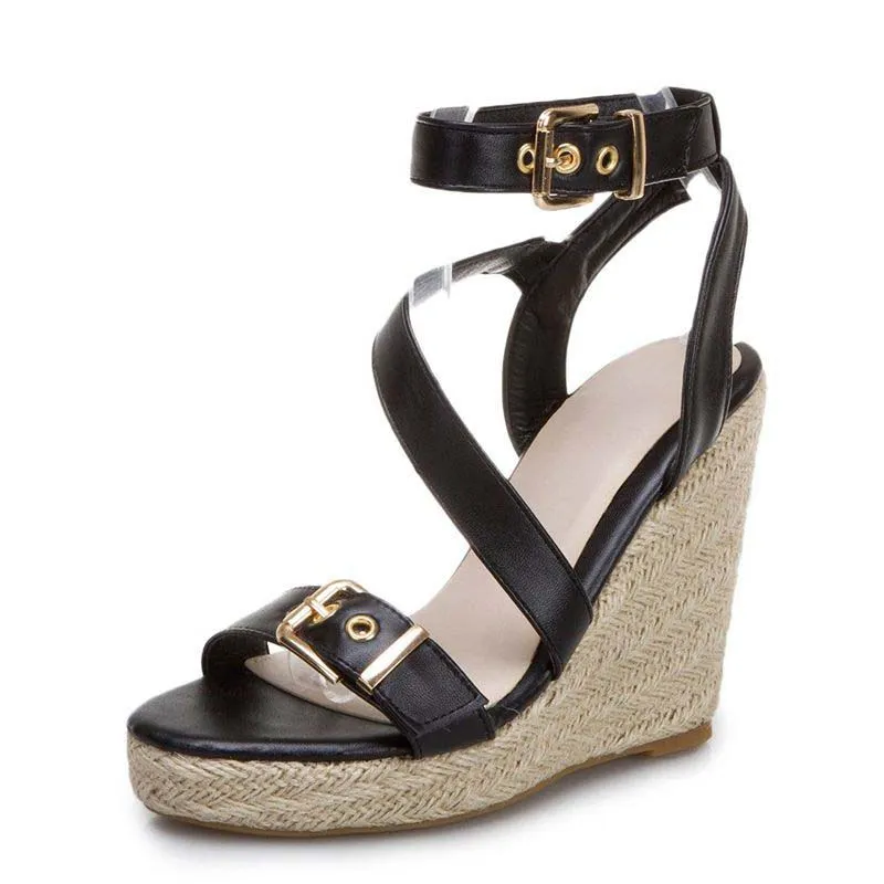 Fashion Women's Open Toe Wedge Platform Sandals - Black