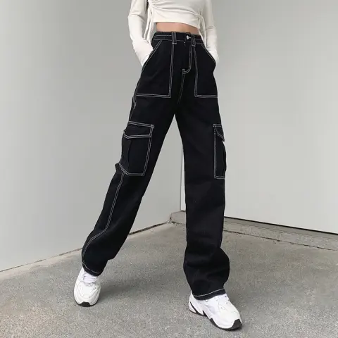 Retro Topstitched Big Pocket Black Straight High-rise Jeans