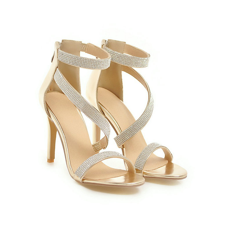 Sexy Open Toed High Heels With Rhinestone Stiletto Cross Straps Gold - Shop at LoveMi