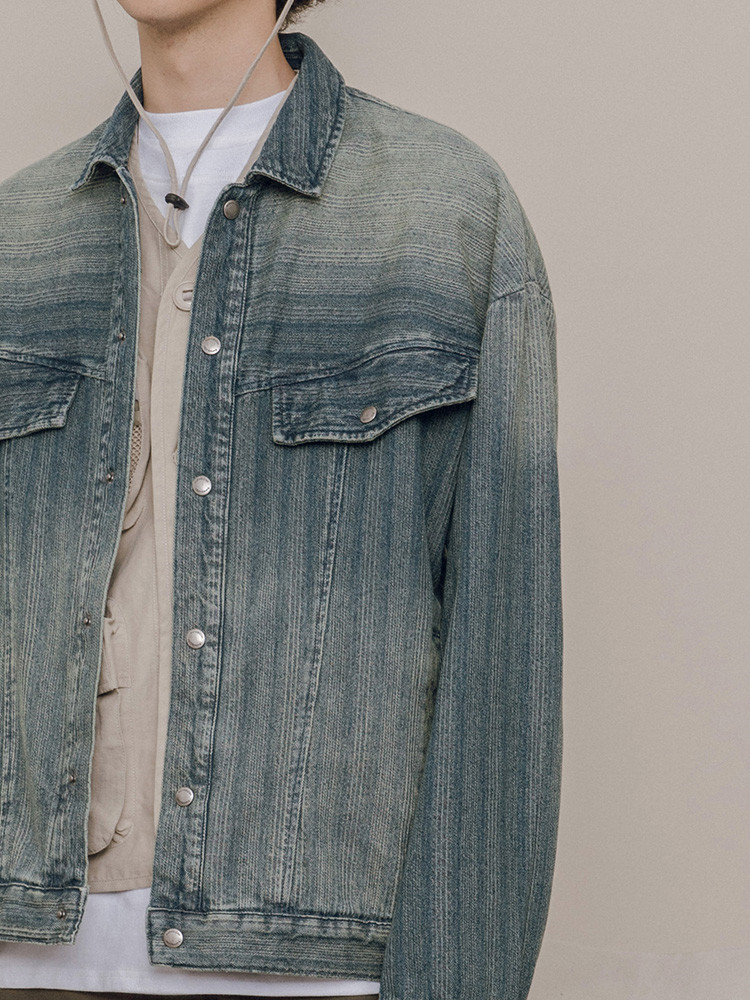 New Vertical Stripes Retro Tooling Denim Jacket Men's Lapel Autumn Casual Thin Jacket