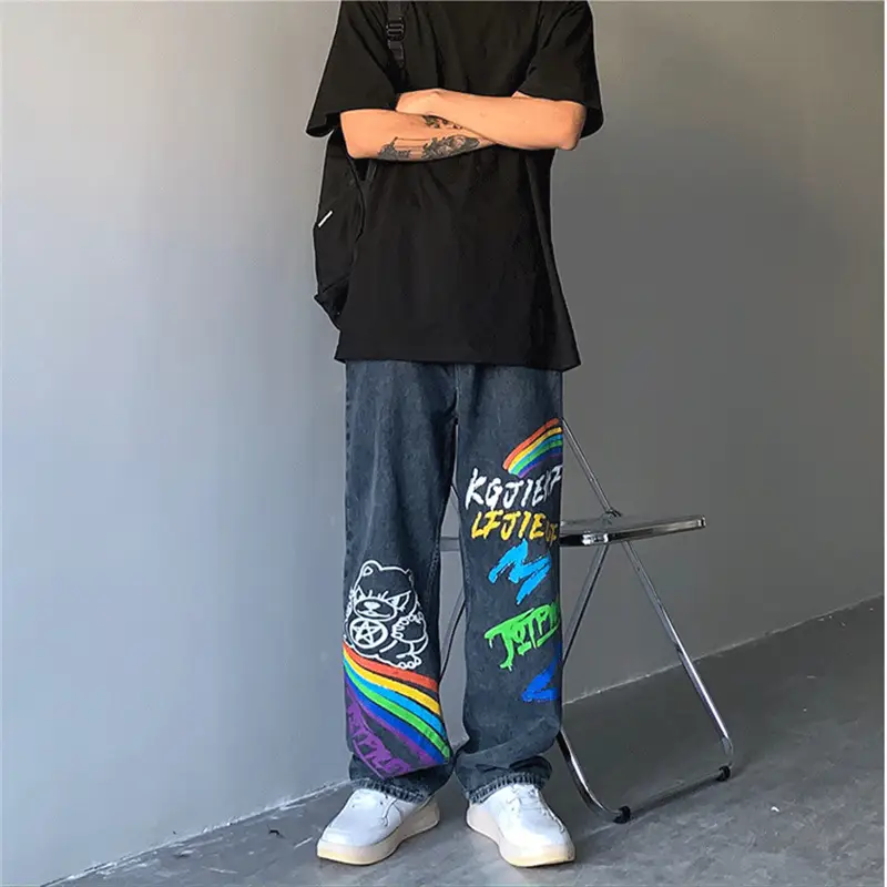 Straight Loose Graffiti Rainbow Print Capris