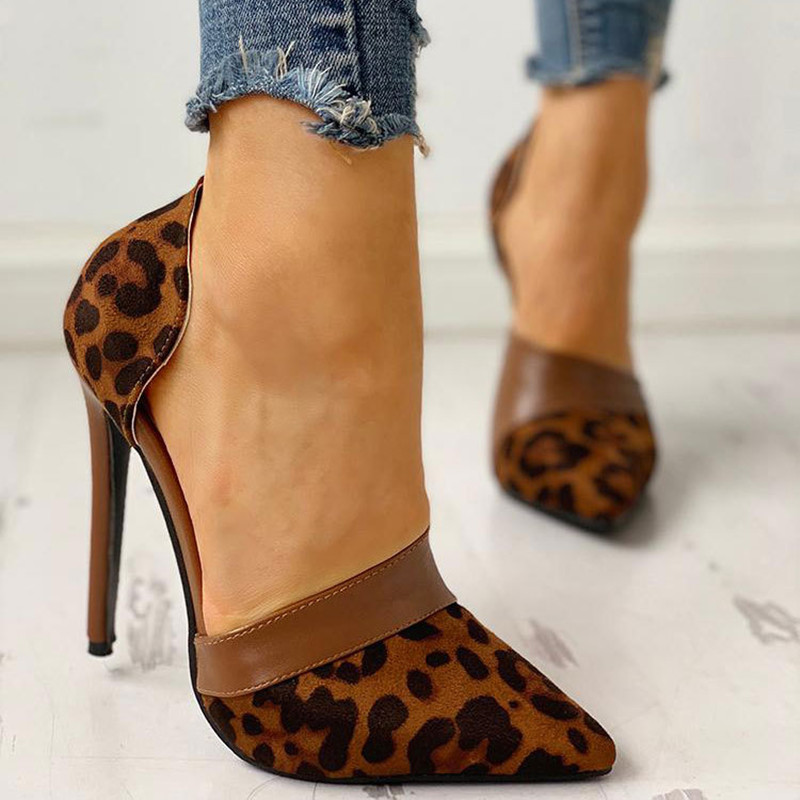 Leopard Print Women's Shoes Stiletto Suede Shallow Mouth Side Empty Bag Heel Shoes