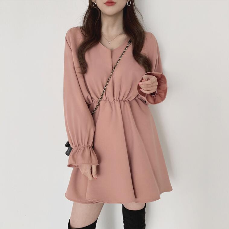 Pure Color Elastic Waist V-neck Versatile Dress