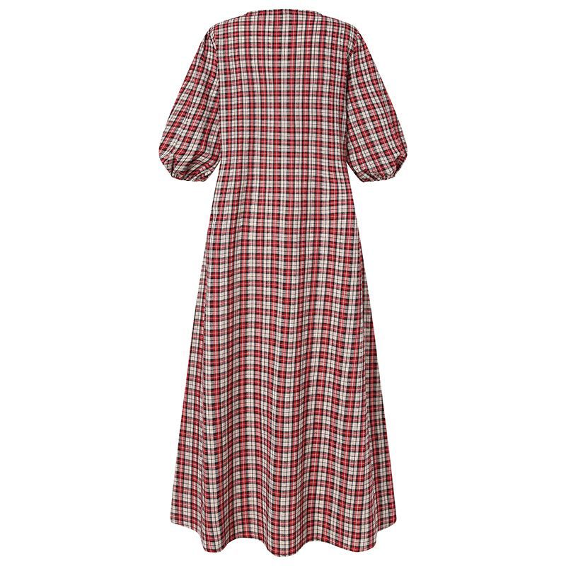 Deep V Short-Sleeved Loose Waist Plaid Cotton And Linen Large Skirt
