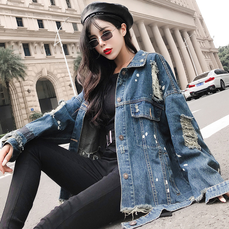 Retro Beaded Wolf Totem Sequins Ripped Denim Jacket