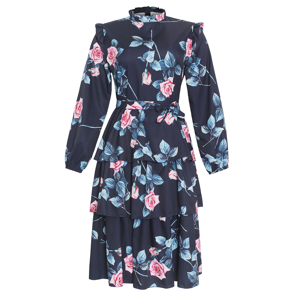 Plus size women's retro print long sleeved fresh and sweet holiday style lace up dress Blue - Shop at LoveMi