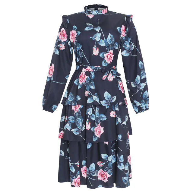 Plus size women's retro print long sleeved fresh and sweet holiday style lace up dress Blue - Shop at LoveMi