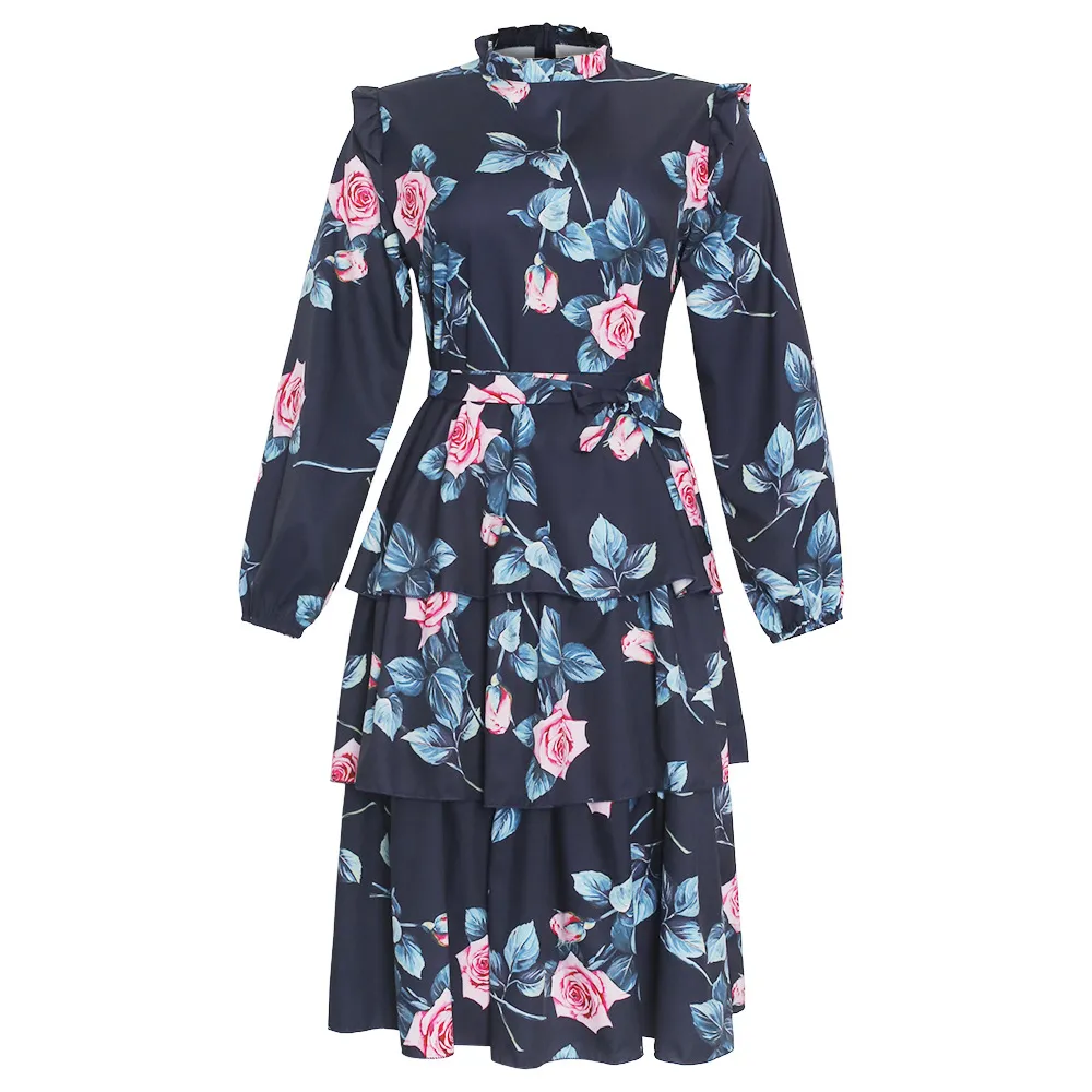 Plus size women's retro print long-sleeved fresh and sweet holiday style lace-up dress - Blue